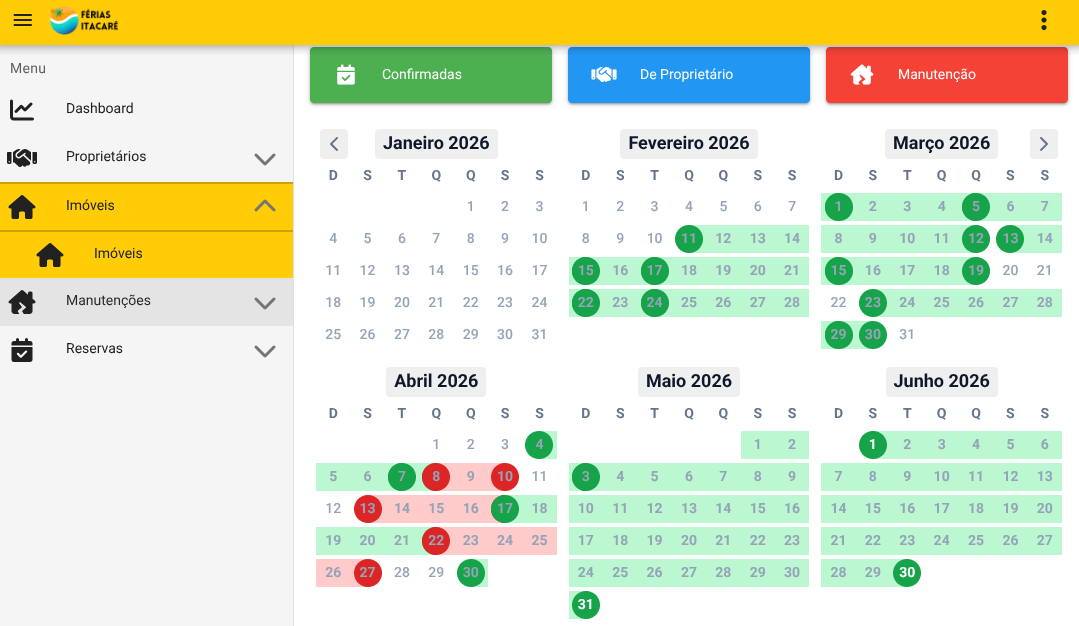 Exemplo do Portal do Proprietário Férias Itacaré com calendário de reservas, manutenções e status dos imóveis